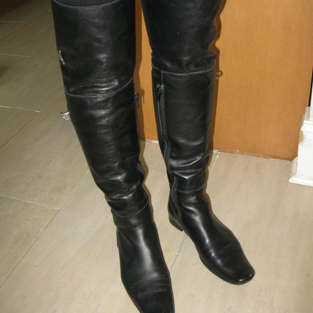 REDUCED Wmn Black Leather Side Zipper Block Heel Over The Knee Boots S 5.5 UK 3